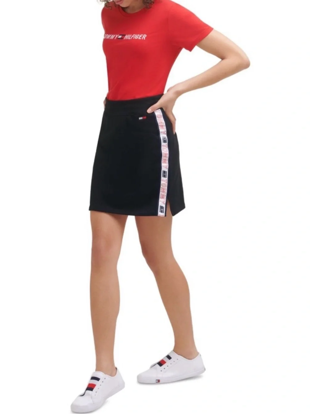 TOMMY HILFIGER Sport Logo Wordmark Skirt Black Sporty Athleisure Women’s Size L